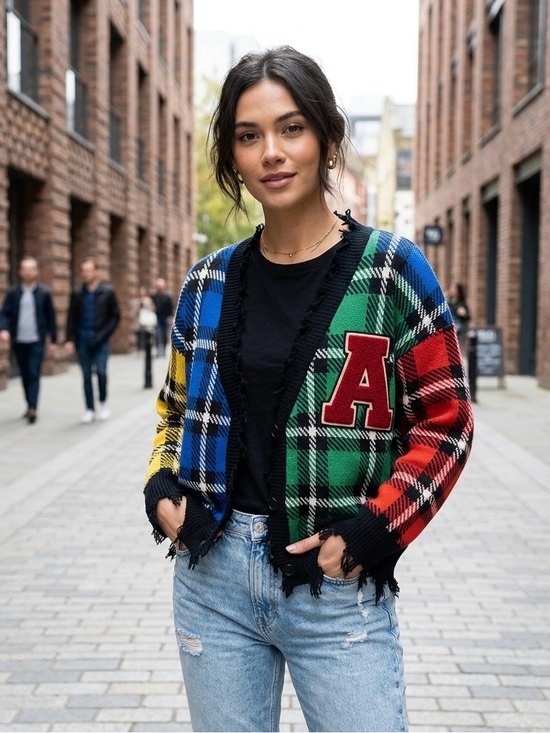 Runway Jackets & Blazers - Multi-Color Plaid Varsity Cardigan Jacket with 'A' Patch